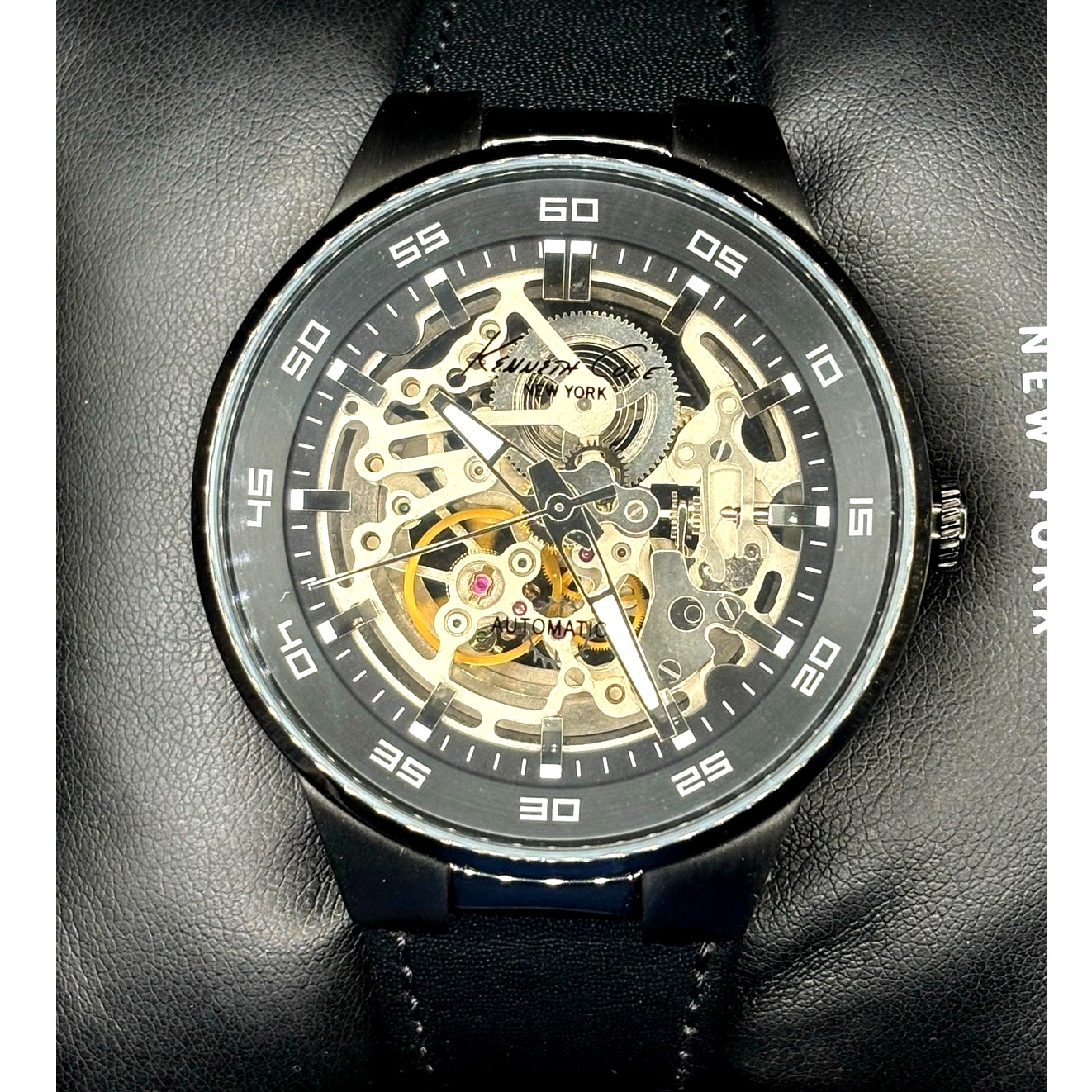 Kenneth Cole Kc8048 Automatic Skeleton Men’s Watch Black Leather Nib